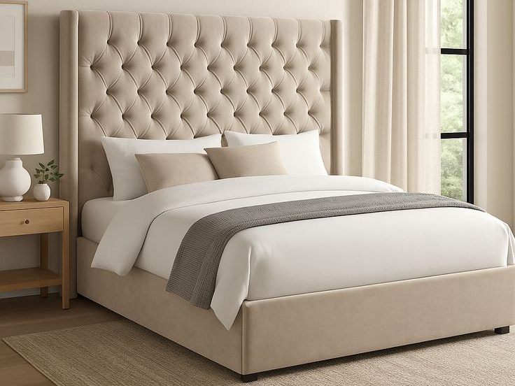 Chester bed with a tall tufted headboard in a bright bedroom