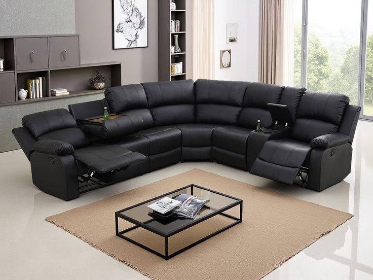 Black leather corner recliner sofa in a modern living room